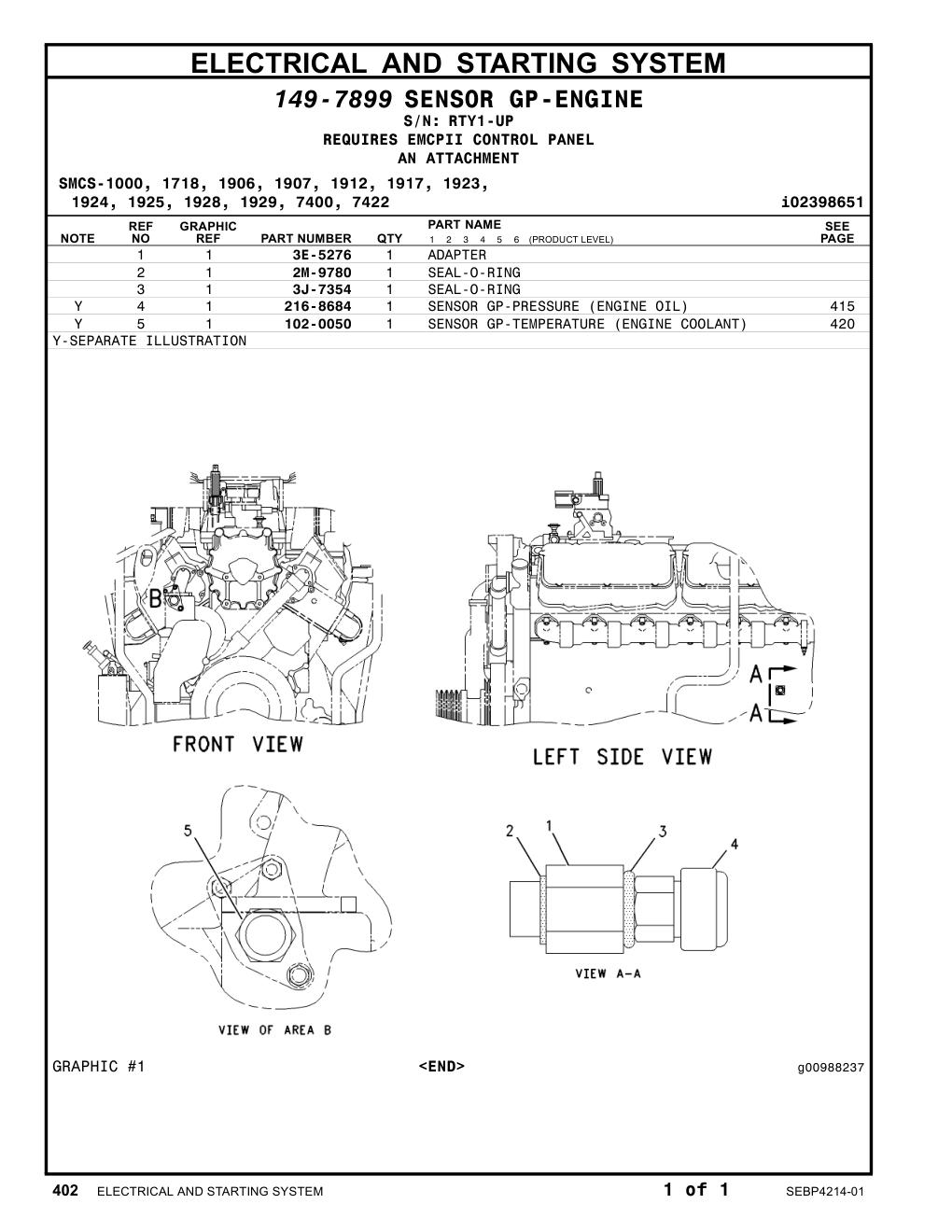102-0050 SENSOR GP-TEMPERATURE (ENGINE COOLANT) · S/N RTY1-UP CAT parts manual diagram