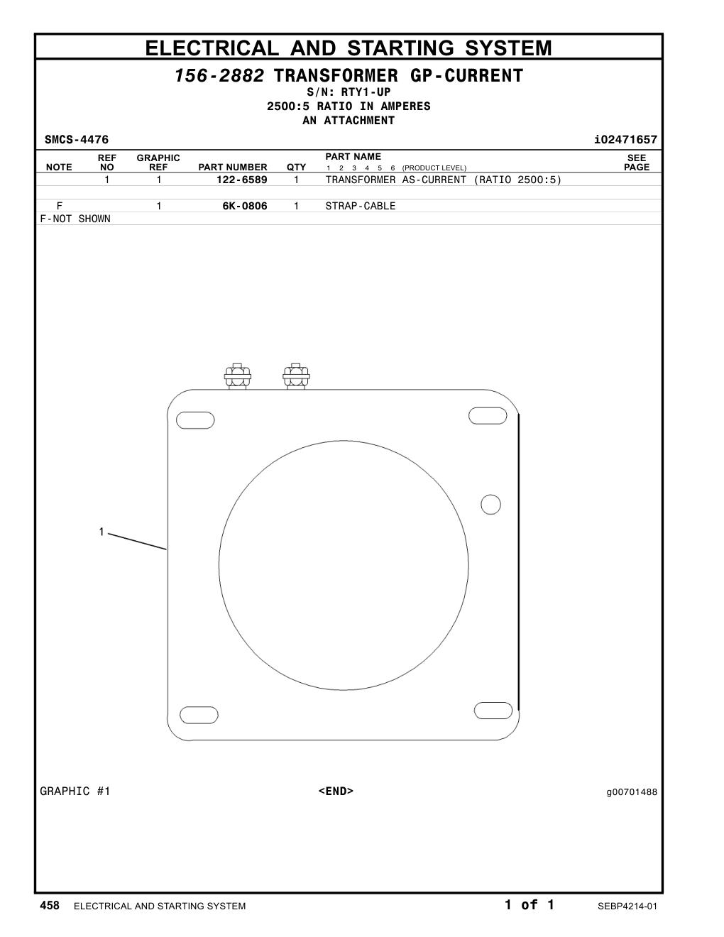 122-6589 TRANSFORMER AS-CURRENT (RATIO 2500:5) · S/N RTY1-UP CAT parts manual diagram