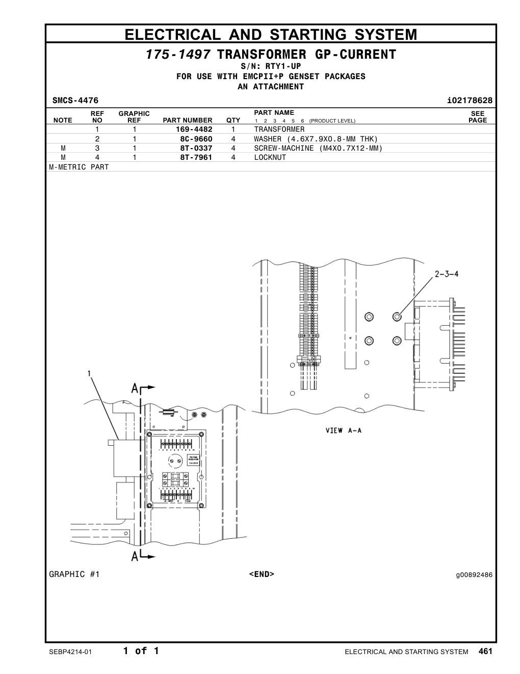 169-4482 TRANSFORMER · S/N RTY1-UP CAT parts manual diagram