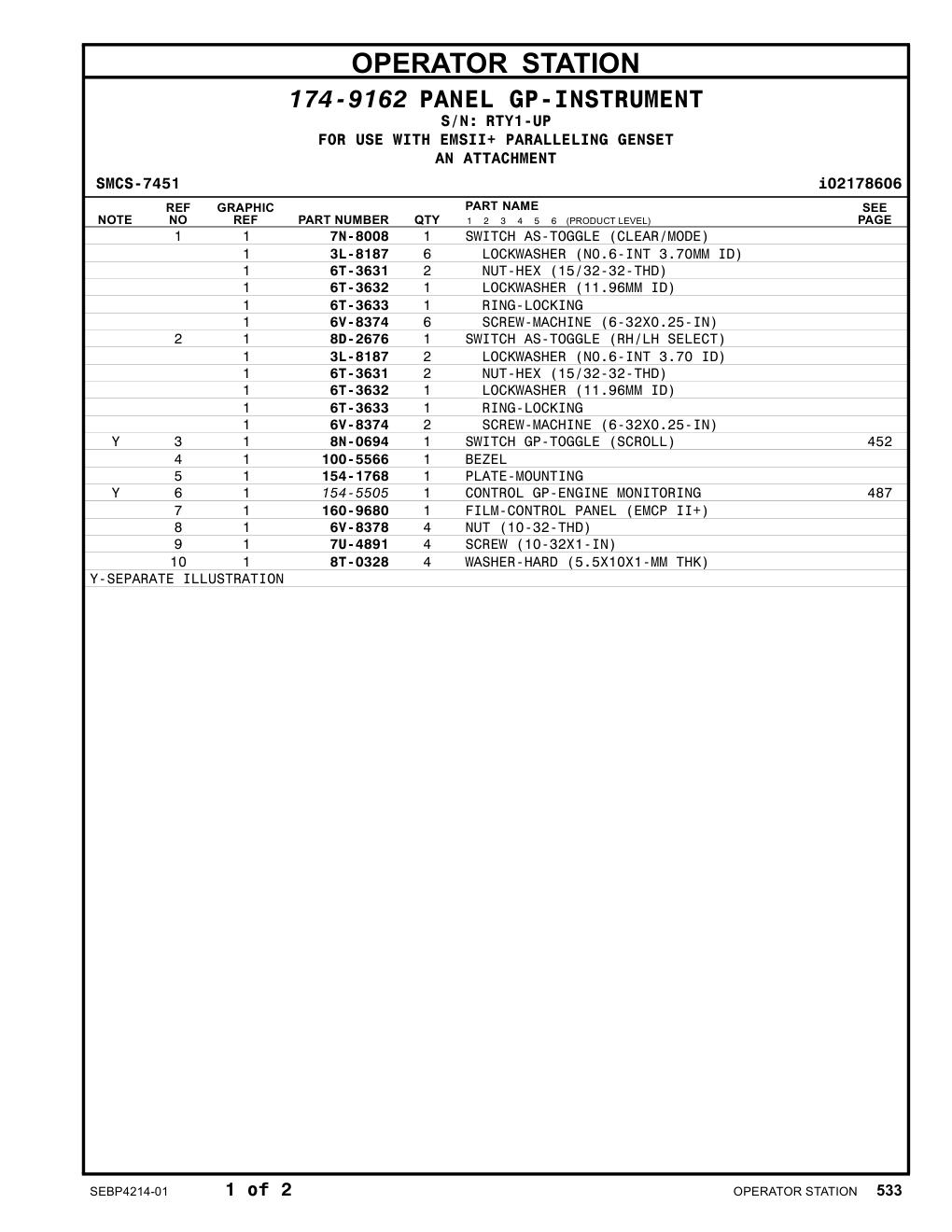 8N-0694 SWITCH AS-TOGGLE (SINGLE POLE) (STARTING AID) · S/N RTY1-UP CAT parts manual diagram