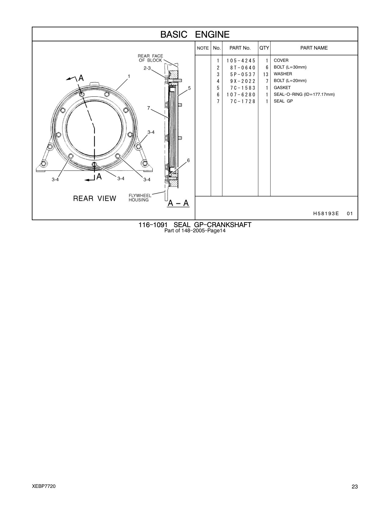 7C-1728 SEAL-CRANKSHAFT (REAR) CAT parts manual diagram