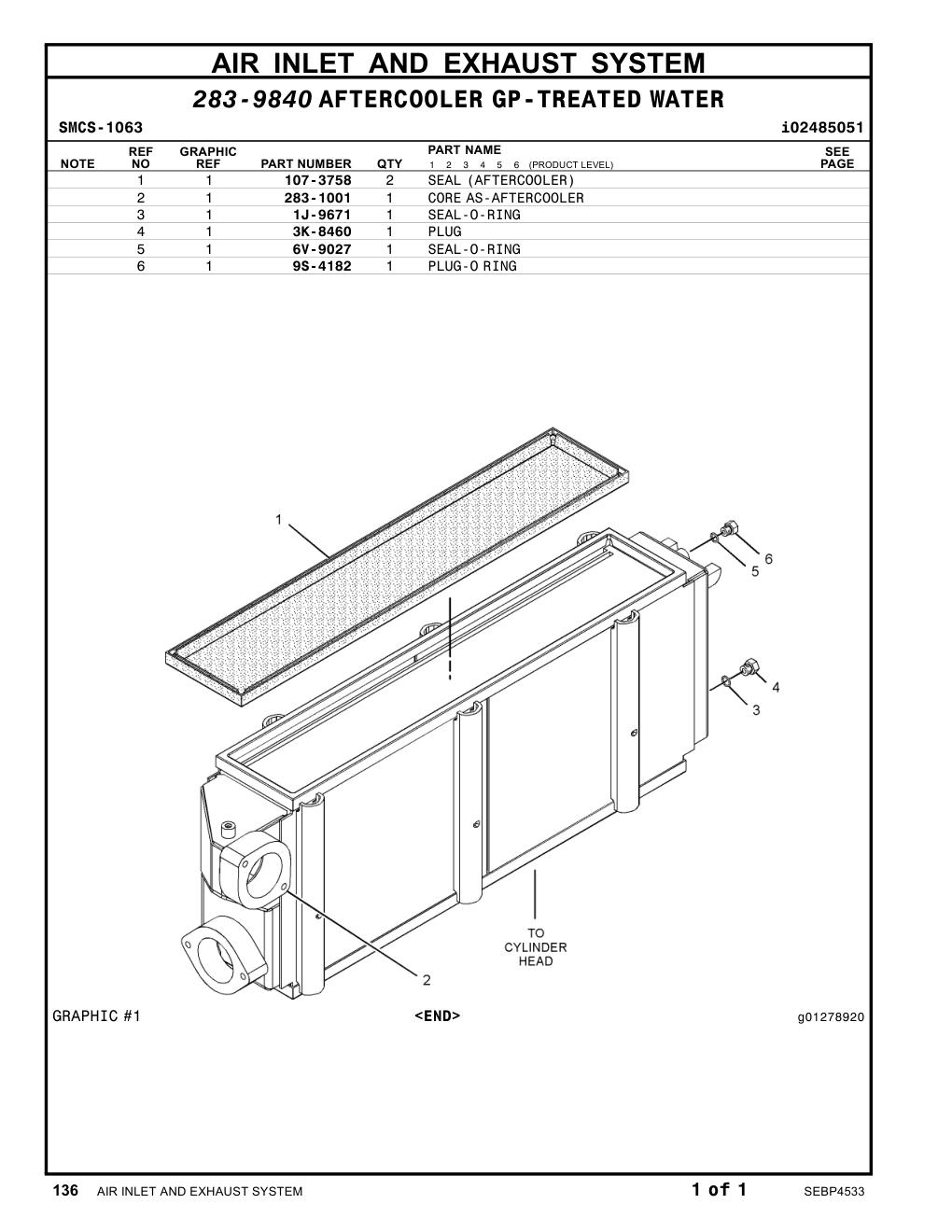283-1001 COREAS-AFTERCOOLER CAT parts manual diagram