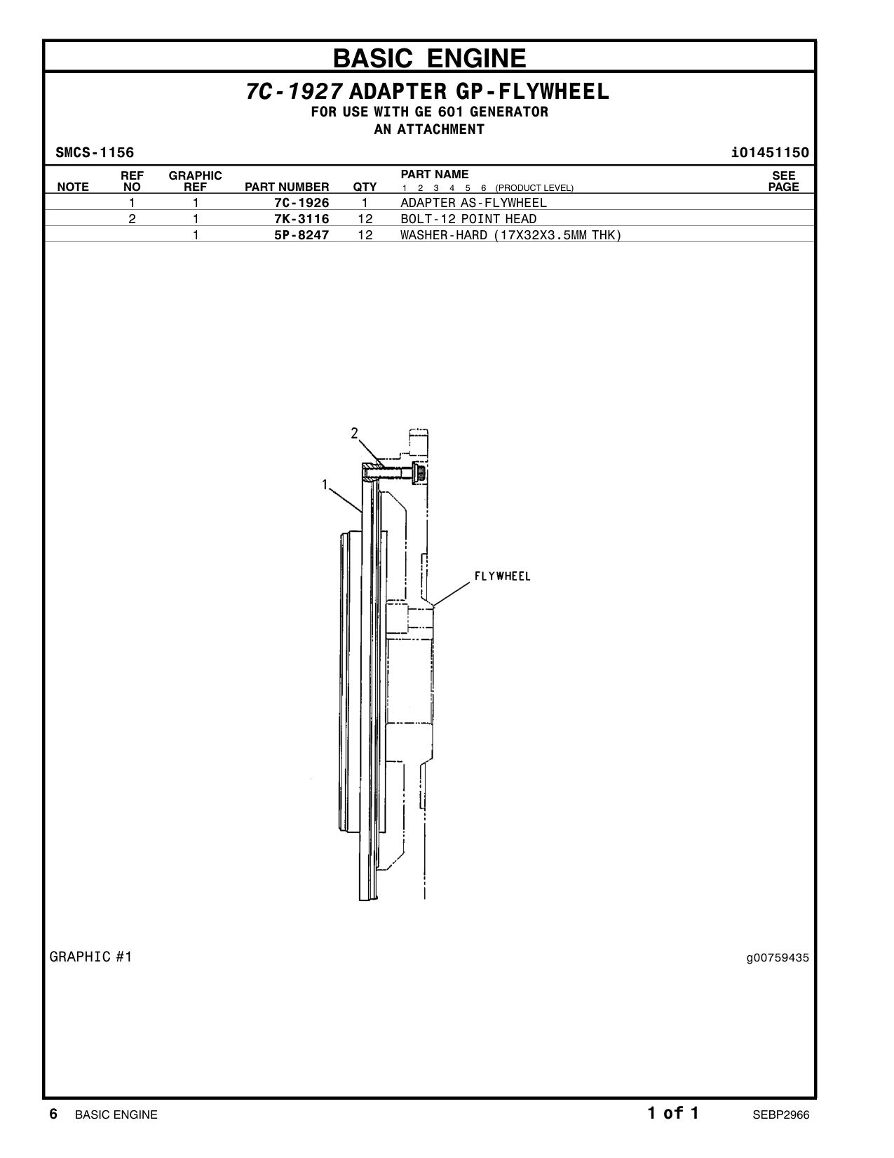 7C-1926 ADAPTER AS-FLYWHEEL CAT parts manual diagram