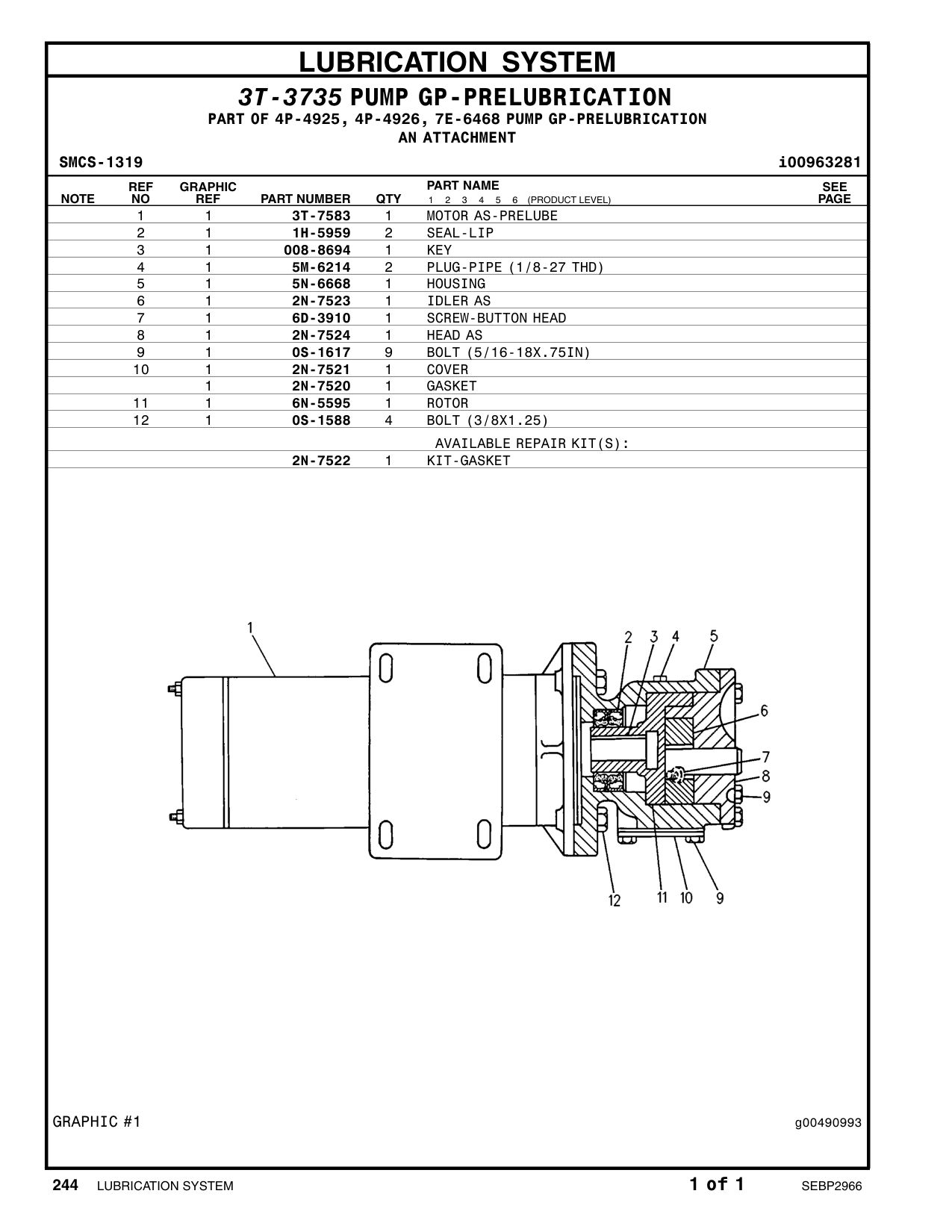 3T-7583 MOTOR AS-PRELUBRICATION CAT parts manual diagram