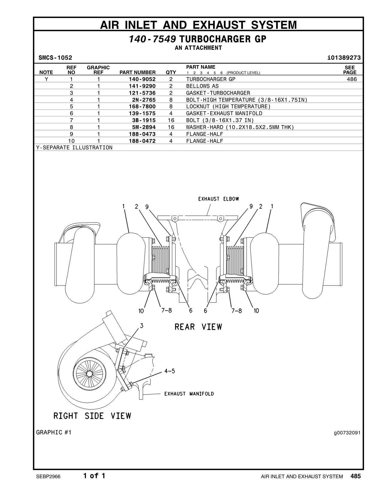 140-9052 TURBOCHARGER GP CAT parts manual diagram