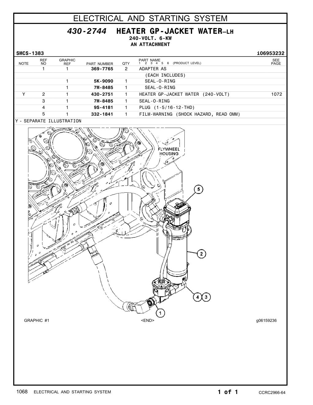 430-2751 HEATER GP-JACKET WATER (240-VOLT) CAT parts manual diagram