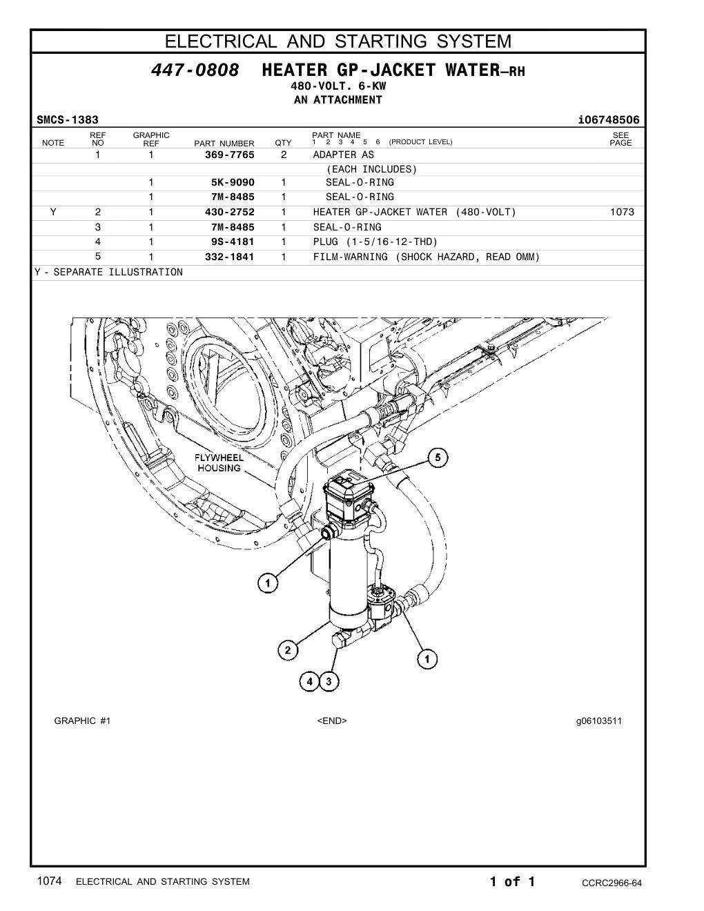 430-2752 HEATER GP-JACKET WATER (480-VOLT) CAT parts manual diagram