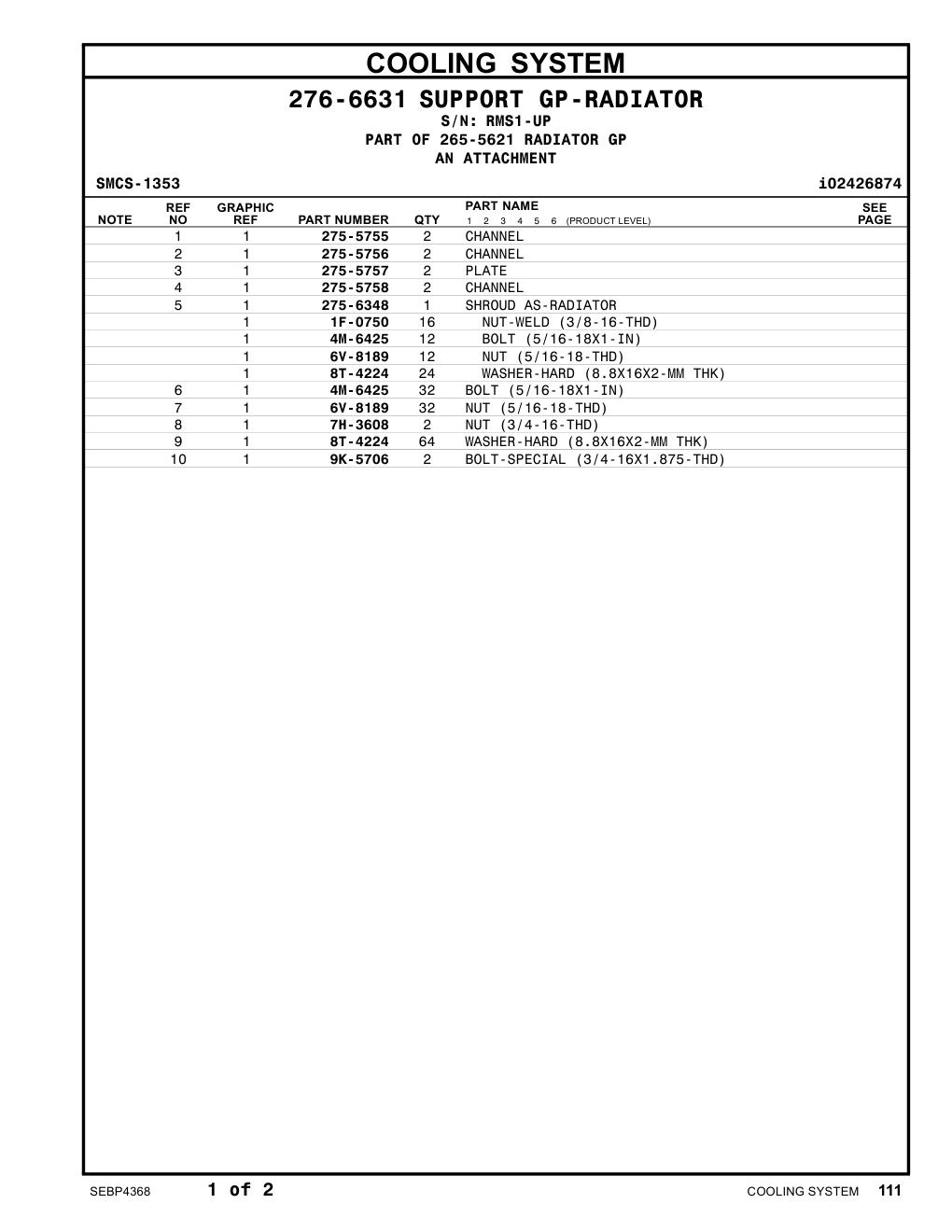 9K-5706 BOLT-SPECIAL (3/4-16X1.875-THD) · S/N RMS1-UP CAT parts manual diagram