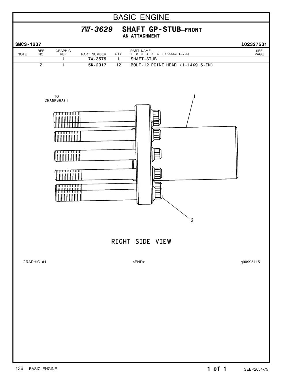7W-3579 SHAFT-STUB CAT parts manual diagram