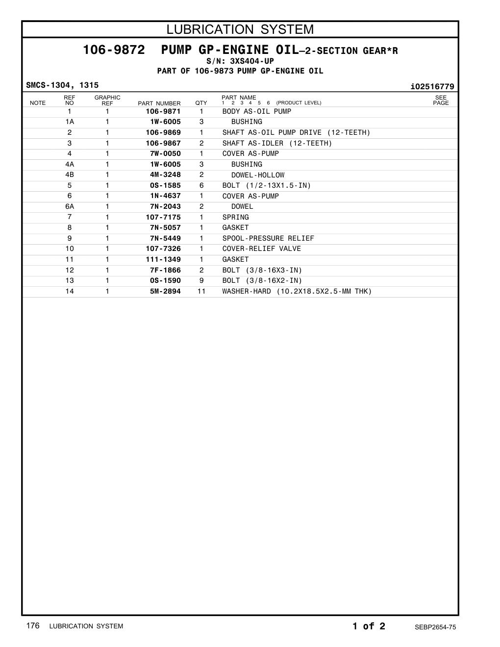 106-9871 BODY AS-OIL PUMP · S/N 3XS404-UP CAT parts manual diagram