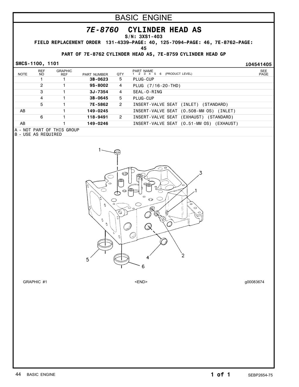 7E-5862 INSERT-VALVE SEAT (INLET) (STANDARD) · S/N 3XS1-403 CAT parts manual diagram