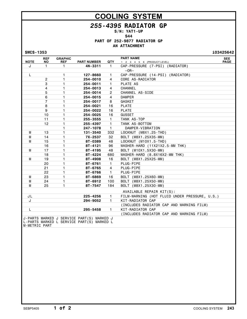 254-0010 CORE AS-RADIATOR · S/N YAT1-UP CAT parts manual diagram