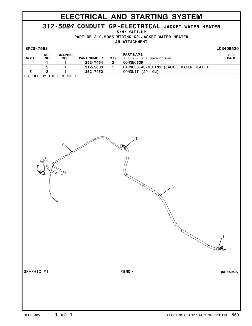 312-5083 HARNESS AS-WIRING (JACKET WATER HEATER) · S/N YAT1-UP CAT parts manual diagram