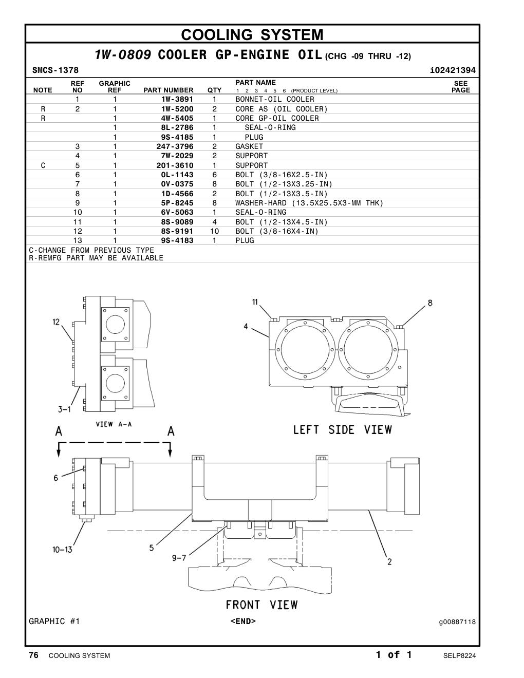 1W-3891 BONNET-OIL COOLER CAT parts manual diagram