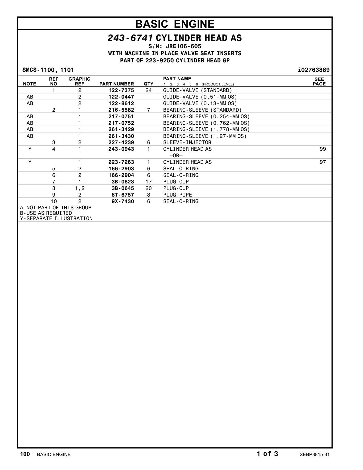 223-7263 CYLINDER HEAD AS · S/N JRE106-605 CAT parts manual diagram