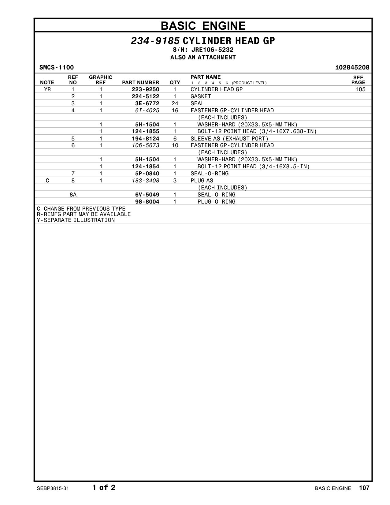 106-5673 FASTENER GP-CYLINDER HEAD · S/N JRE106-5232 CAT parts manual diagram