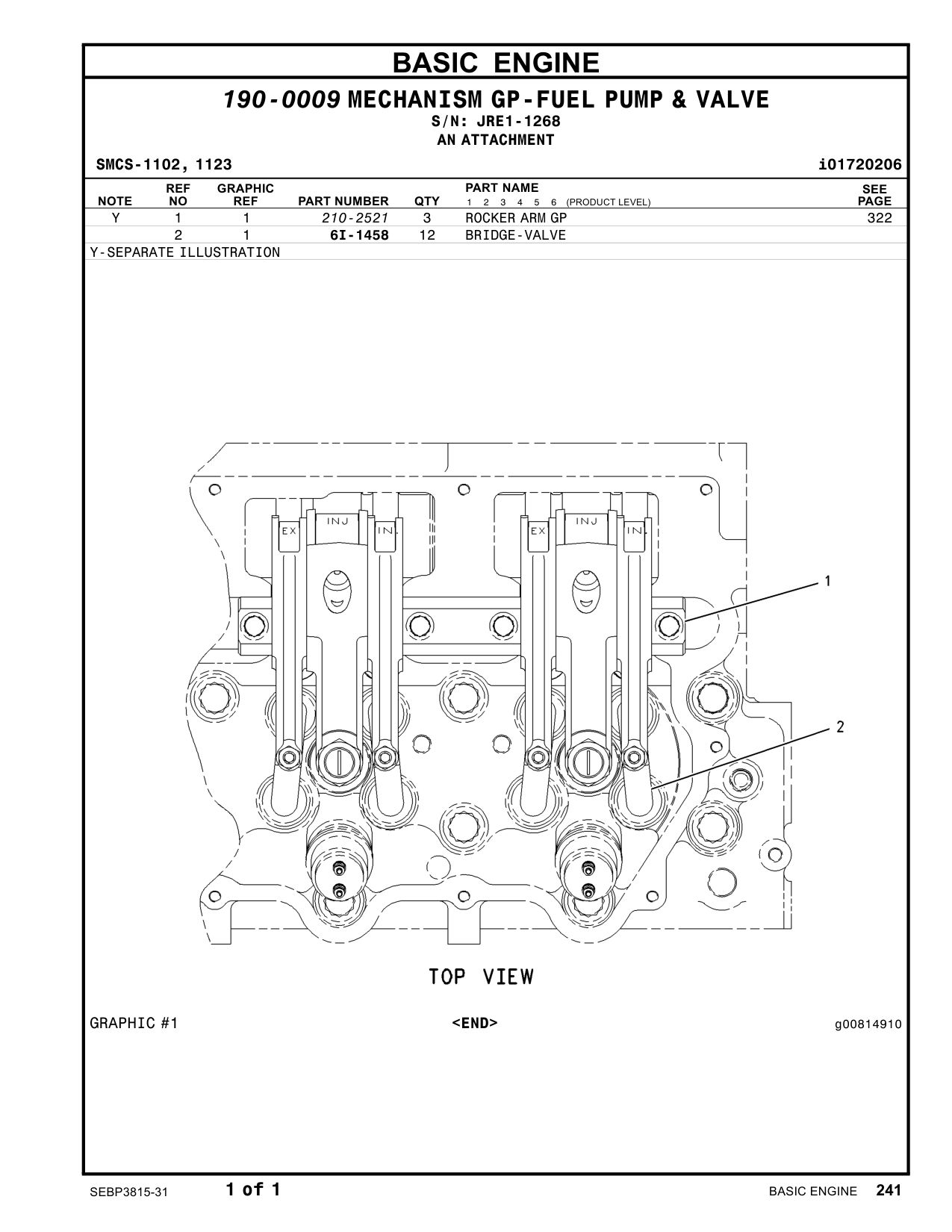 210-2521 ROCKER ARM GP · S/N JRE1-1268 CAT parts manual diagram