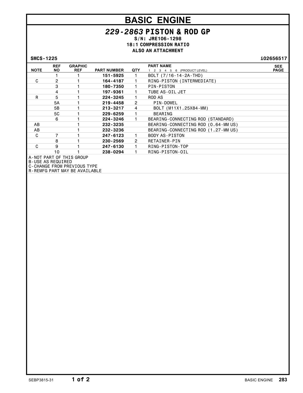 224-3246 BEARING-CONNECTING ROD (STANDARD) · S/N JRE106-1298 CAT parts manual diagram
