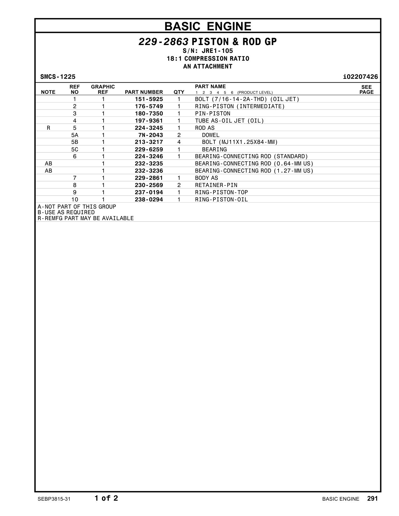 237-0194 RING-PISTON-TOP · S/N JRE1-105 CAT parts manual diagram