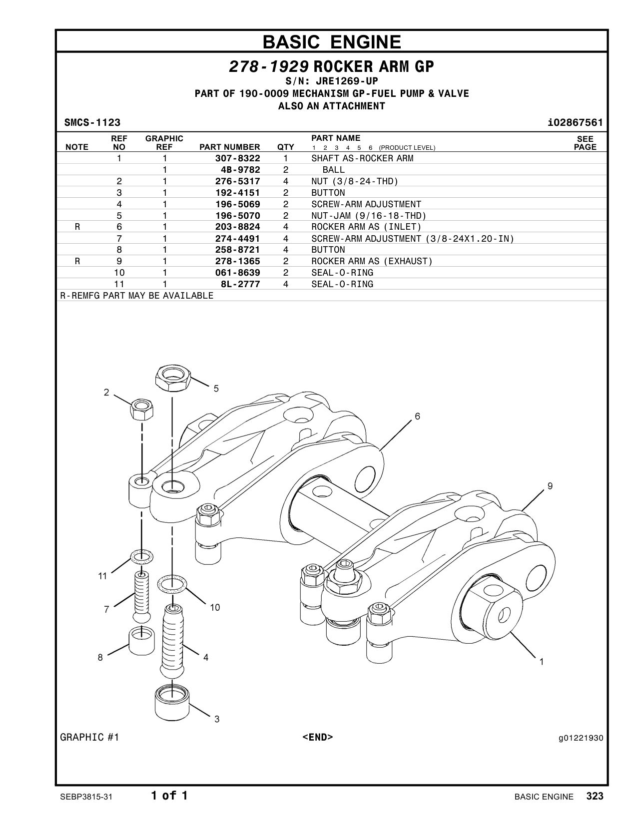 307-8322 SHAFT AS-ROCKER ARM · S/N JRE1269-UP CAT parts manual diagram