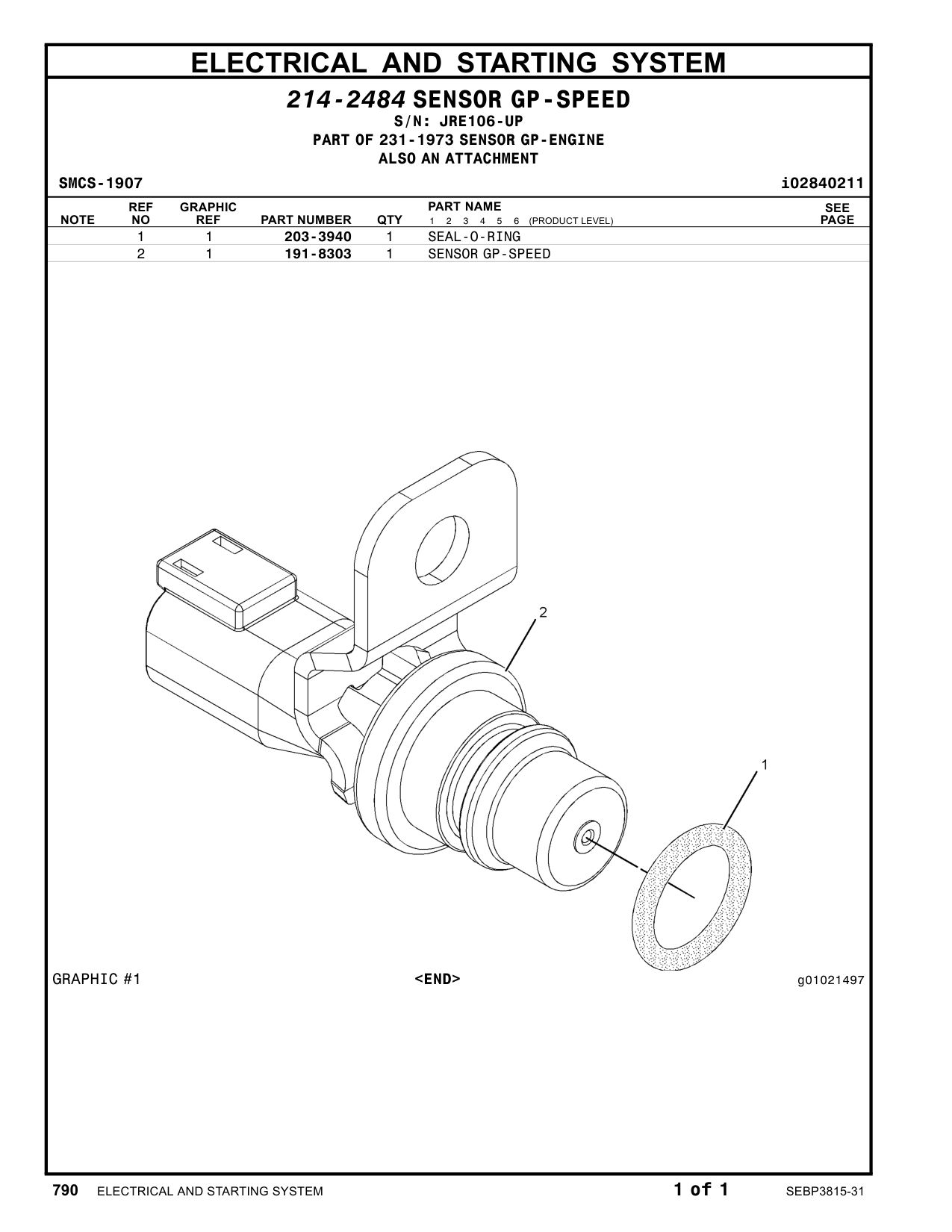 191-8303 SENSOR GP-SPEED · S/N JRE106-UP CAT parts manual diagram