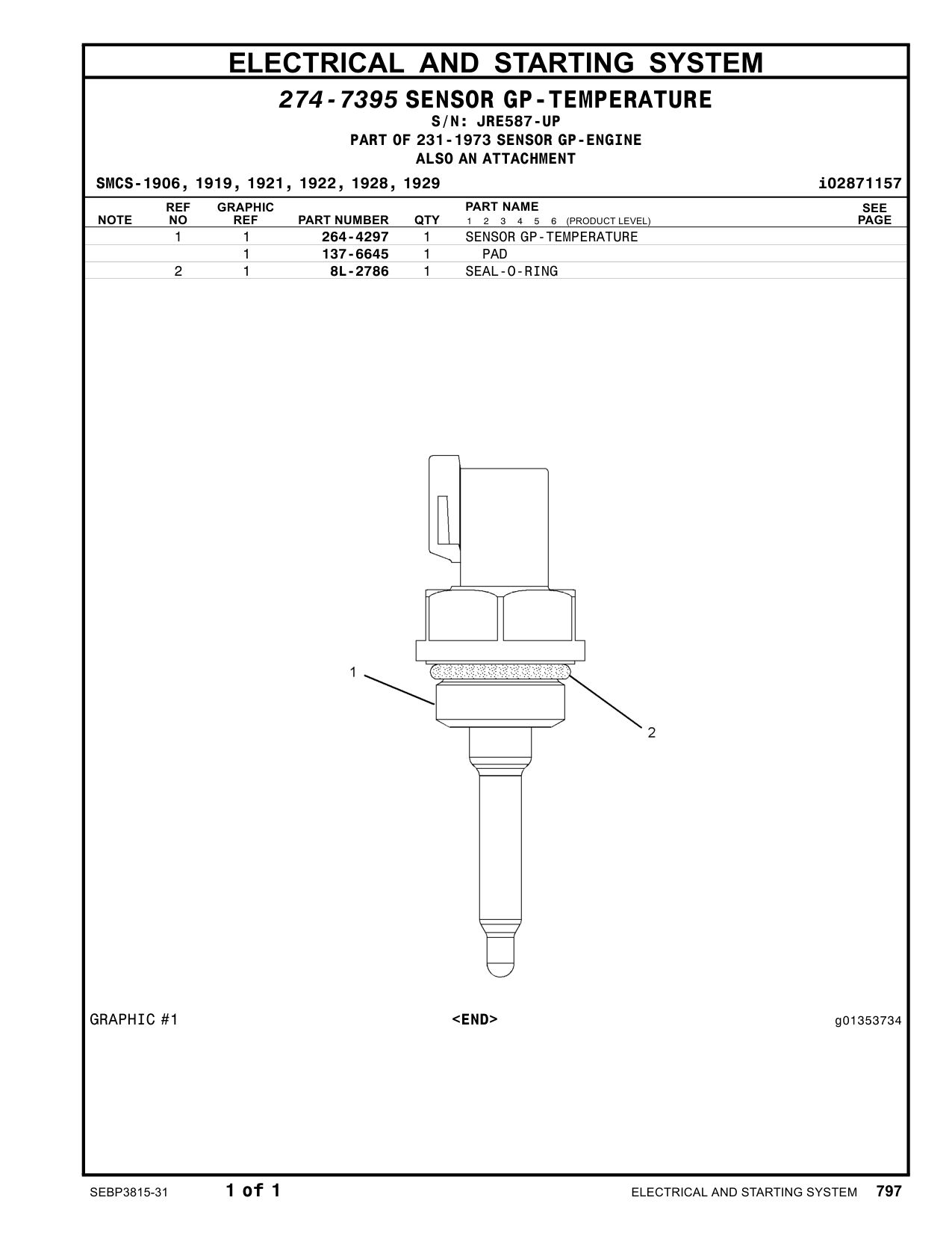 264-4297 SENSOR GP-TEMPERATURE · S/N JRE587-UP CAT parts manual diagram