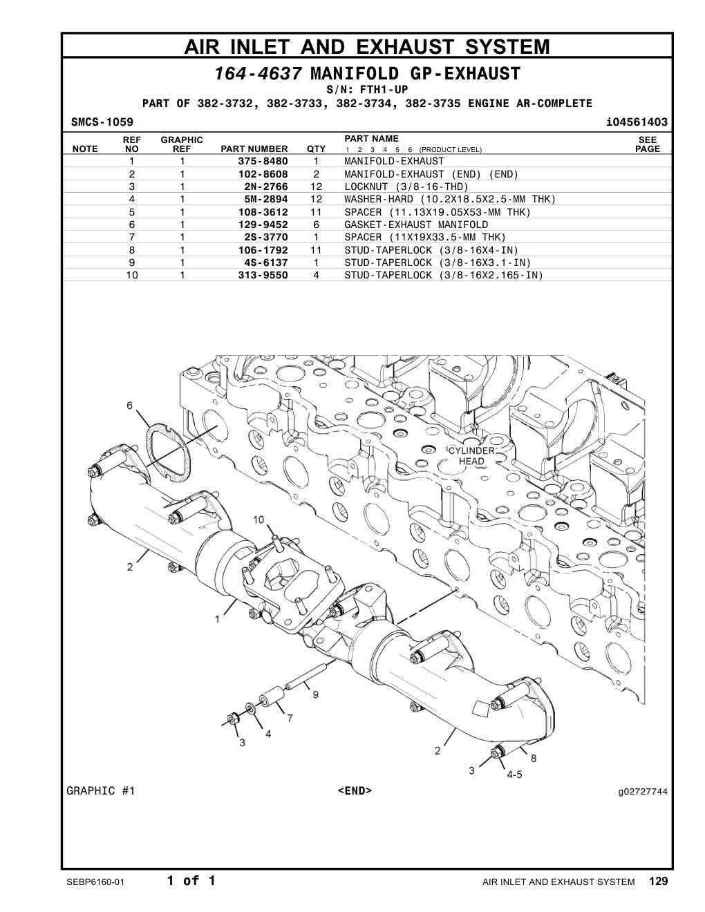 375-8480 MANIFOLD-EXHAUST · S/N FTH1-UP CAT parts manual diagram