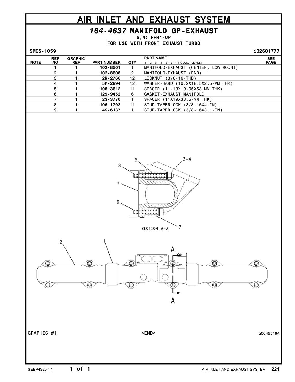 102-8501 MANIFOLD-EXHAUST (CENTER, LOW MOUNT) · S/N FFH1-UP CAT parts manual diagram