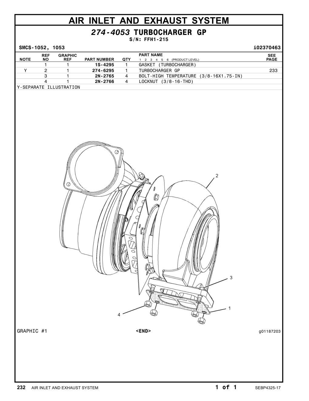 274-6295 TURBOCHARGER GP · S/N FFH1-215 CAT parts manual diagram