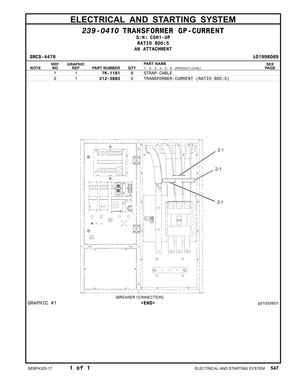 212-5883 TRANSFORMER-CURRENT (RATIO 800:5) · S/N C5H1-UP CAT parts manual diagram
