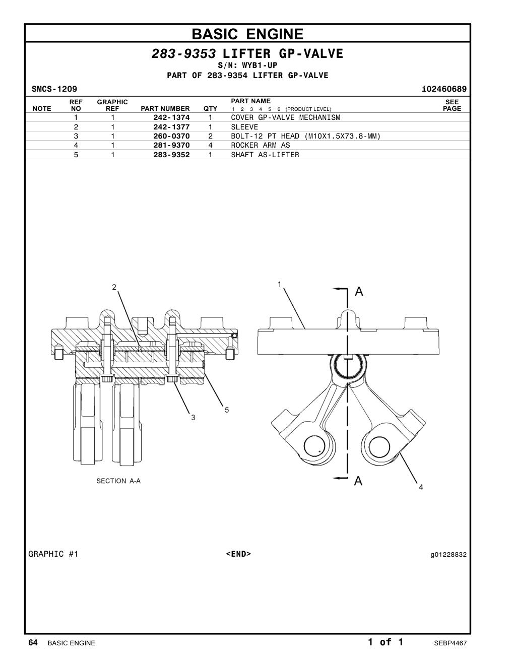 283-9352 SHAFT AS-LIFTER · S/N WYB1-UP CAT parts manual diagram