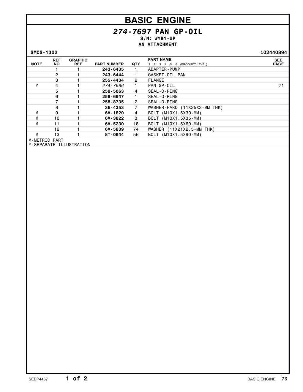 243-6444 GASKET-OIL PAN · S/N WYB1-UP CAT parts manual diagram