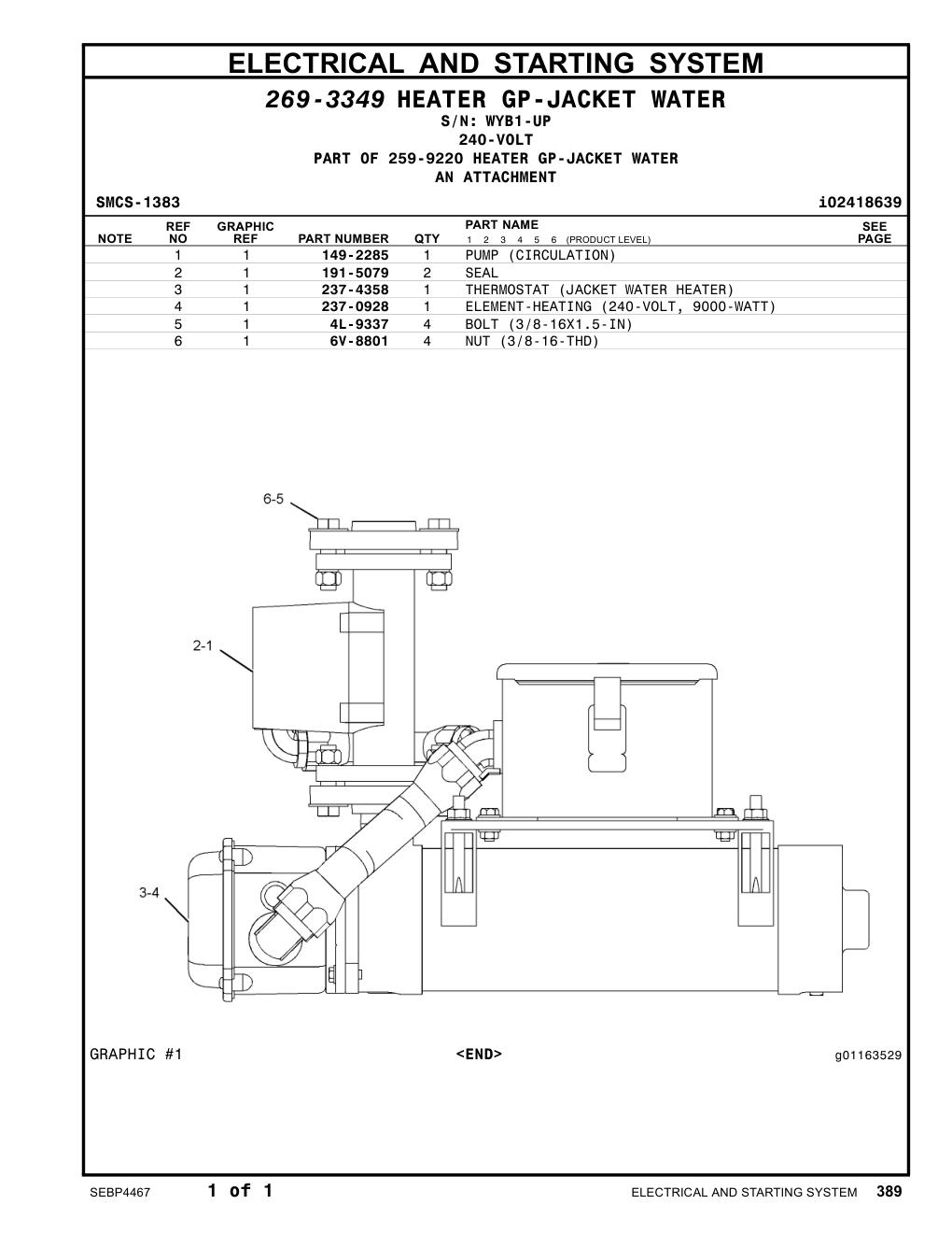 237-0928 ELEMENT-HEATING (240-VOLT, 9000-WATT) · S/N WYB1-UP CAT parts manual diagram