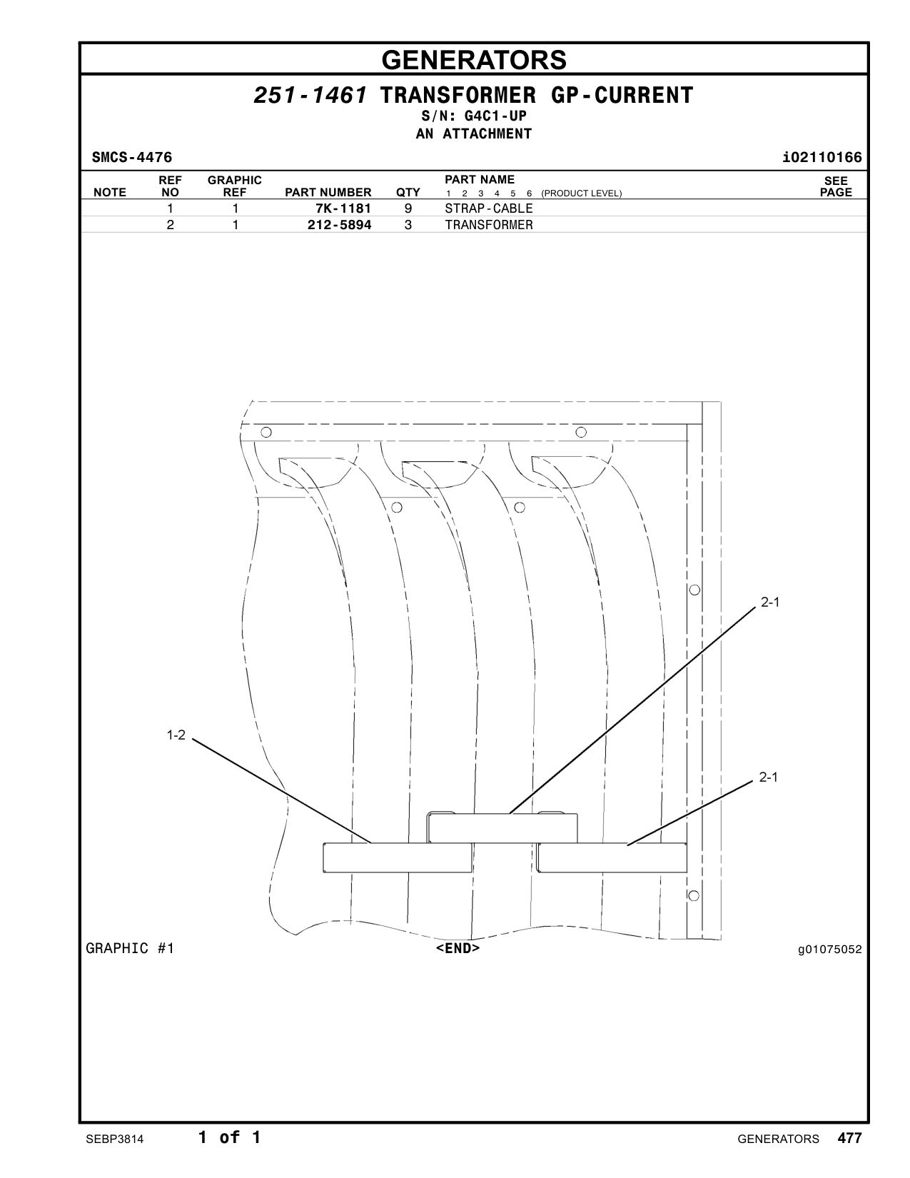 212-5894 TRANSFORMER · S/N G4C1-UP CAT parts manual diagram