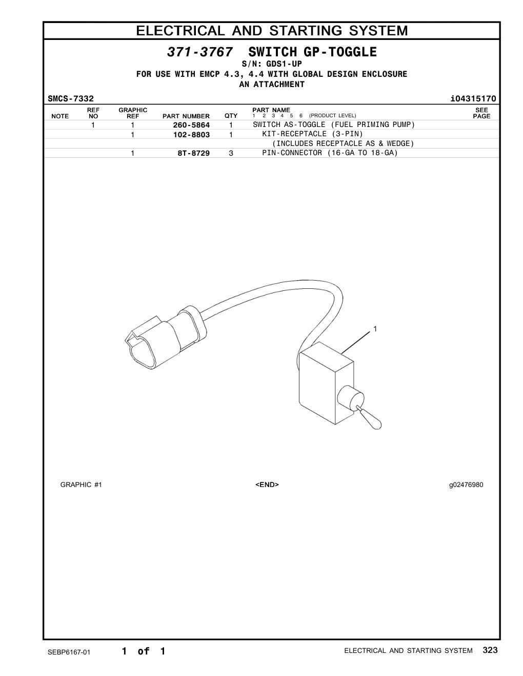 260-5864 SWITCH AS-TOGGLE (FUEL PRIMING PUMP) · S/N GDS1-UP CAT parts manual diagram