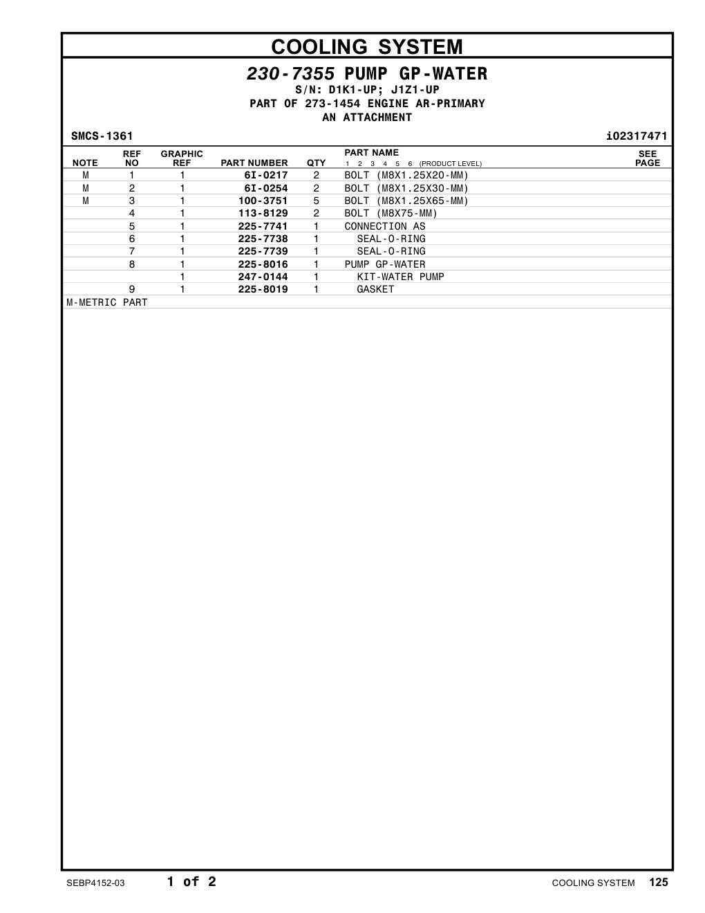247-0144 KIT-WATER PUMP CAT parts manual diagram