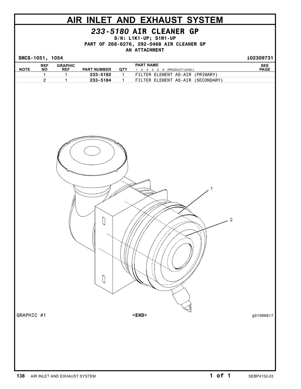 233-5182 FILTER ELEMENT AS-AIR (PRIMARY) CAT parts manual diagram