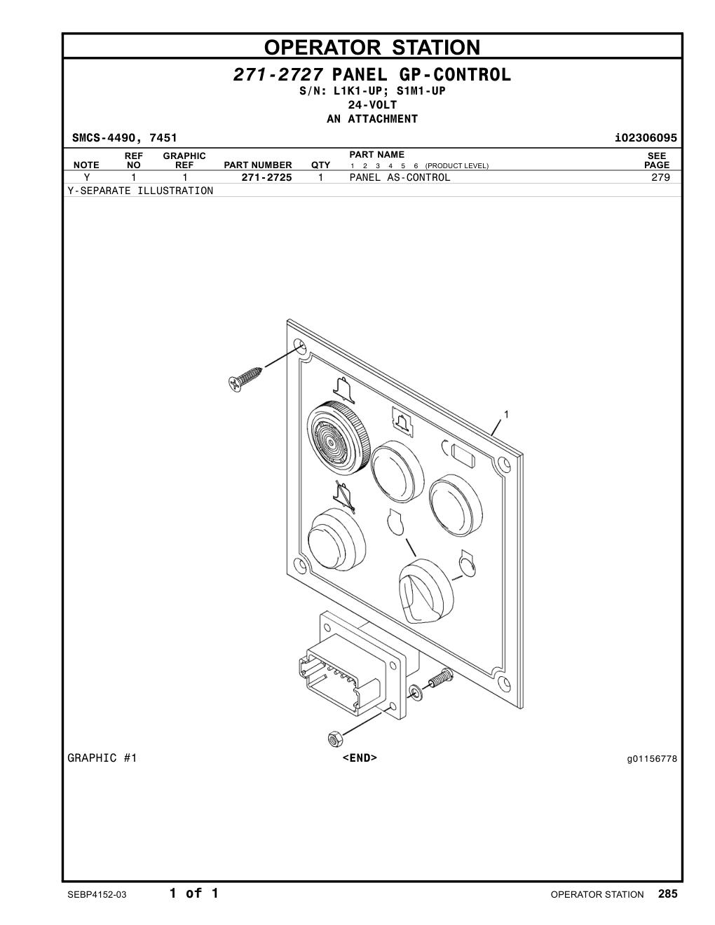 271-2725 PANEL AS-CONTROL CAT parts manual diagram
