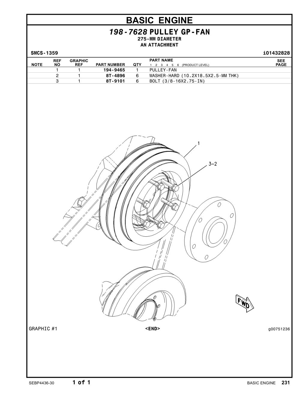 194-9465 PULLEY-FAN CAT parts manual diagram