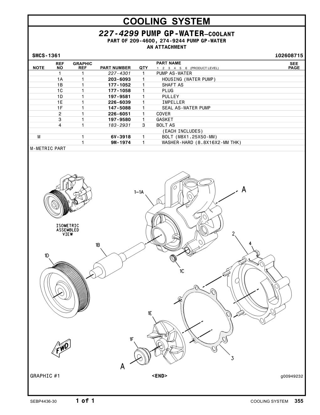 227-4301 PUMP AS-WATER CAT parts manual diagram