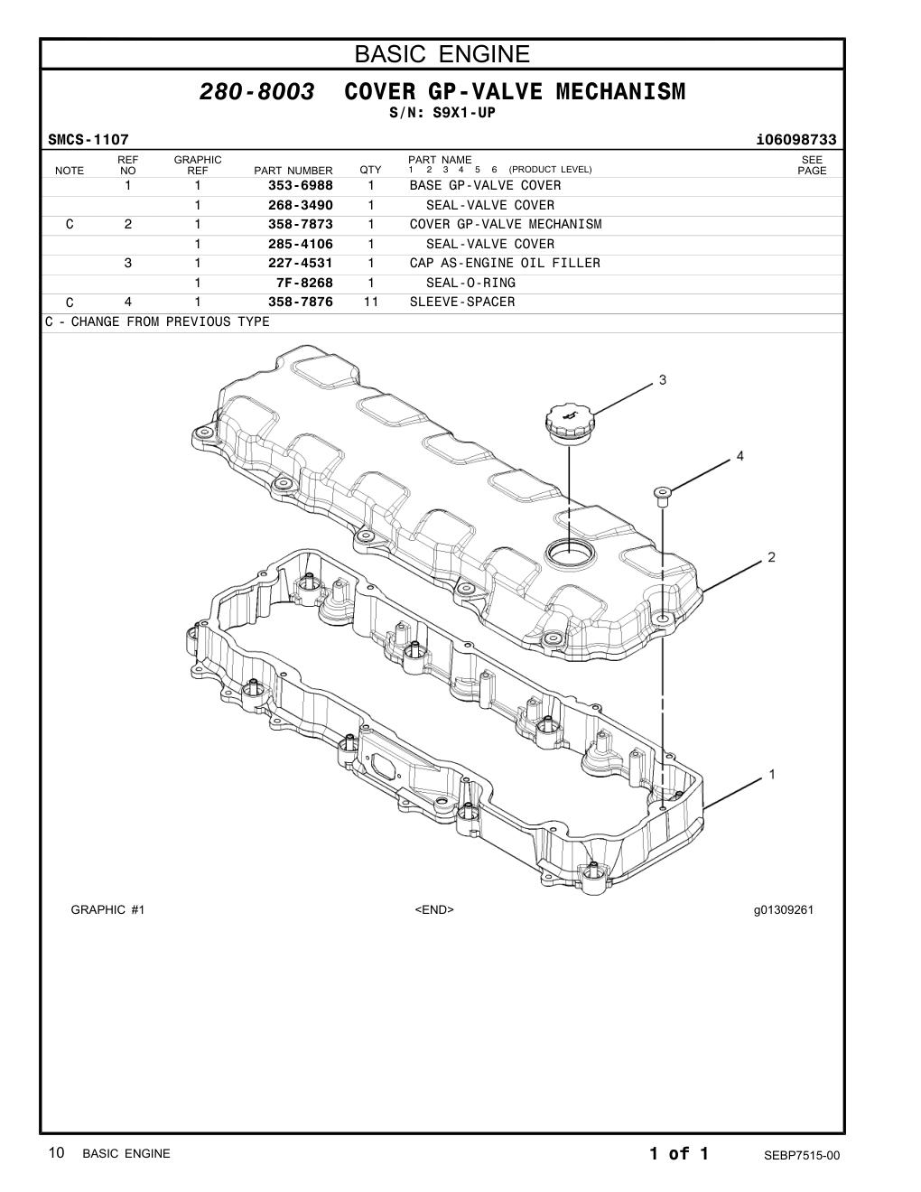 285-4106 SEAL-VALVE COVER · S/N S9X1-UP CAT parts manual diagram