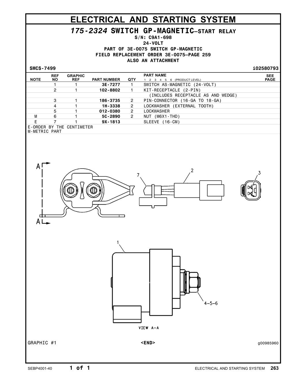 3E-7277 SWITCH AS-MAGNETIC (24-VOLT) · S/N C9A1-698 CAT parts manual diagram